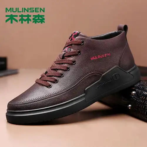 洋湖轩榭2019春季木林森男鞋潮流头层牛皮高帮皮鞋韩版休闲鞋百搭板鞋男a